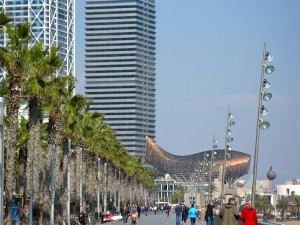 Gehry sculpture Barcelona beach walk Spain